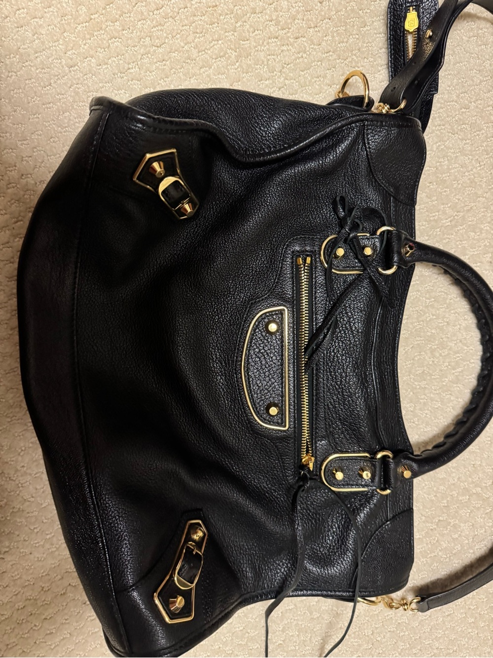 Balenciaga Black Leather Shoulder Bag with Gold Hardware